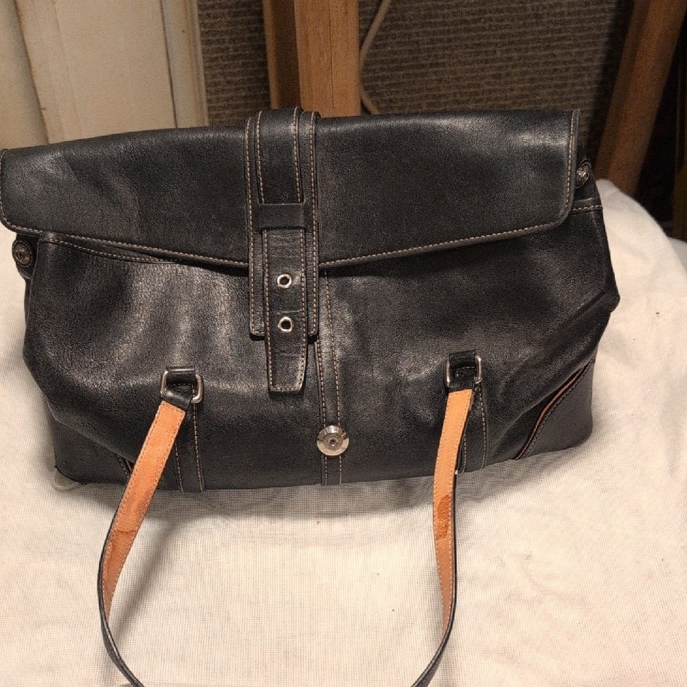 Coach Black Leather Messenger Satchel Bag with Tan Interior
